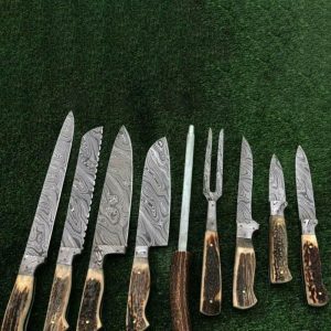 Premium 9-Piece Damascus Steel Culinary & Carving Set with Stag Antler Handles