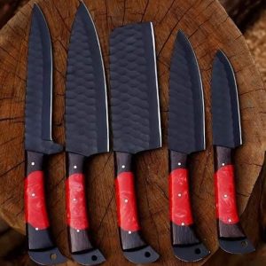 Premium 5-Piece Blackout Hammered Chef Knife Set with Vibrant Red Resin & Wood Handles