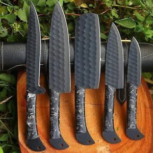 Premium 5-Piece Blackout Hammered Knife Set with Marbled Resin Handles
