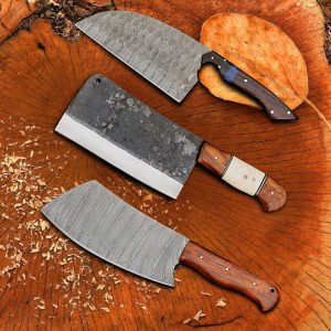 Premium 3-Piece Hand-Forged Cleaver & Damascus Chef Knife Collection