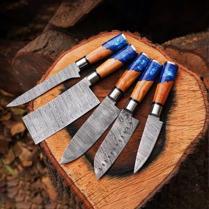 Premium 5-Piece Damascus Steel Chef Knife Set with Oceanic Blue Resin & Wood Handles