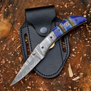 Premium Hand-Forged Damascus Folding Knife with Blue Resin & Brass Accents
