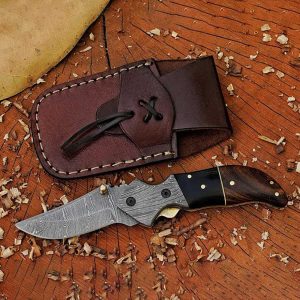 Premium Hand-Forged Damascus Folding Pocket Knife with Segmented Wood & Horn Grip