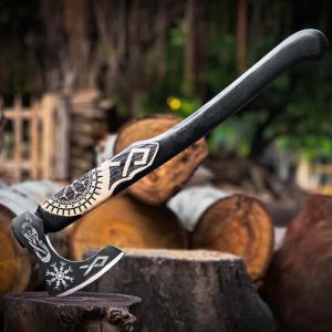 Hand-Forged Norse Viking Axe with Etched Runic Runes & Carved Hardwood Haft